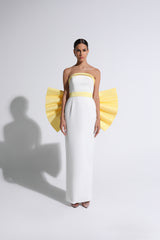 White & Yellow Exaggerated Bow Strapless Gown