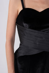 Black Velvet Gown with Tafetta pleated side train.