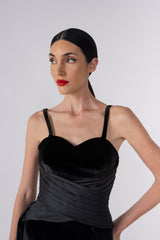 Black Velvet Gown with Tafetta pleated side train.