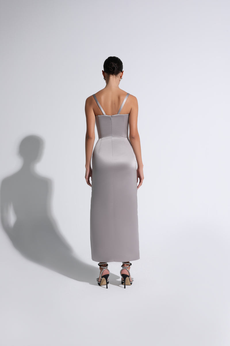 Silver Square Neck Midi Dress With Slit