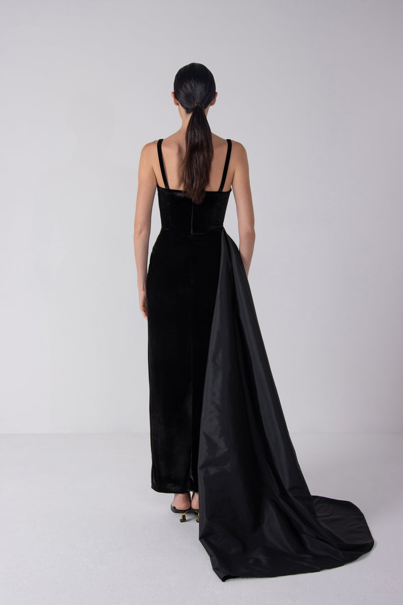 Black Velvet Gown with Tafetta pleated side train.