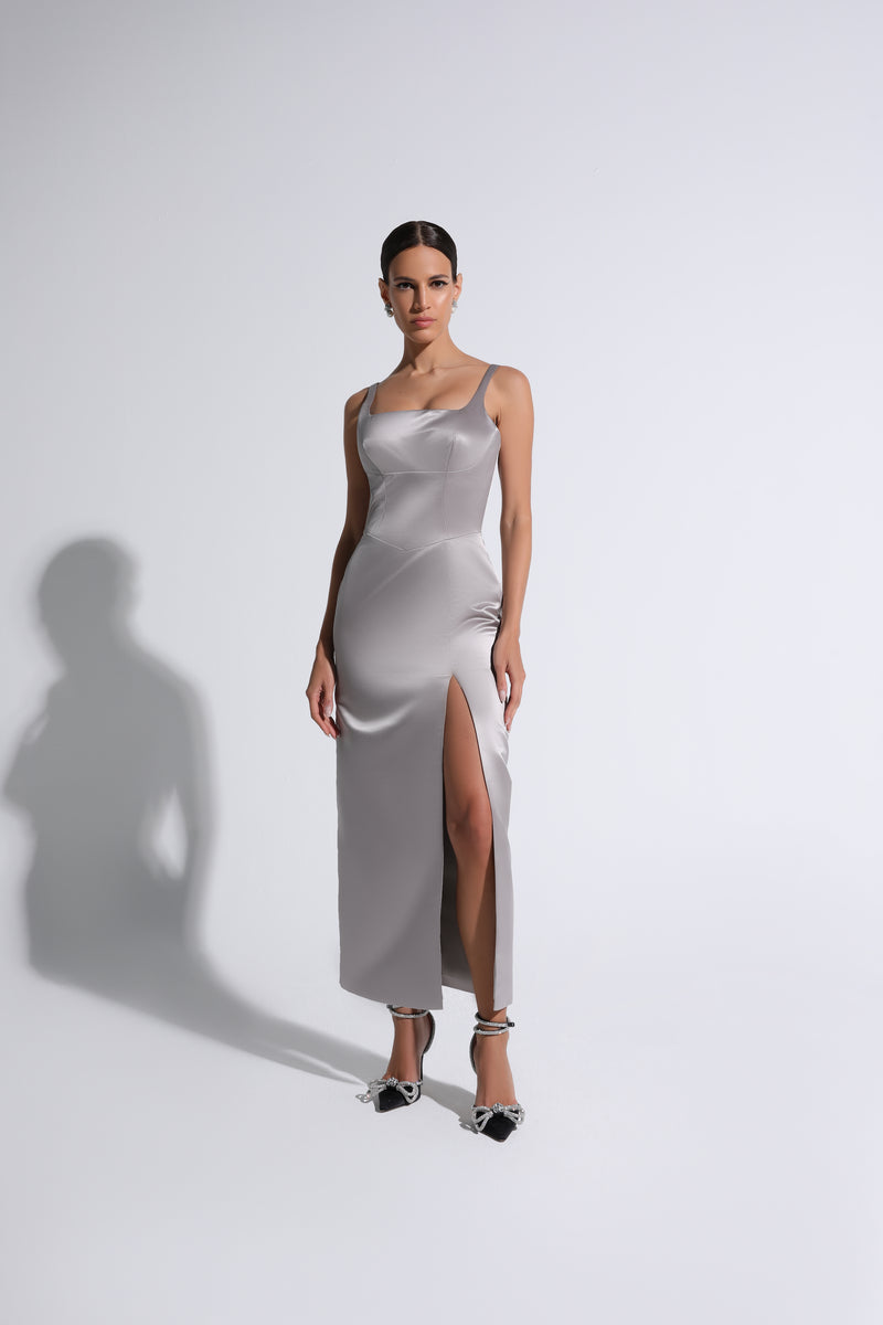 Silver Square Neck Midi Dress With Slit
