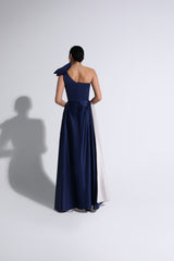 Navy & Silver Cape-Effect One-Shoulder Gown