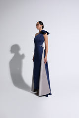 Navy & Silver Cape-Effect One-Shoulder Gown