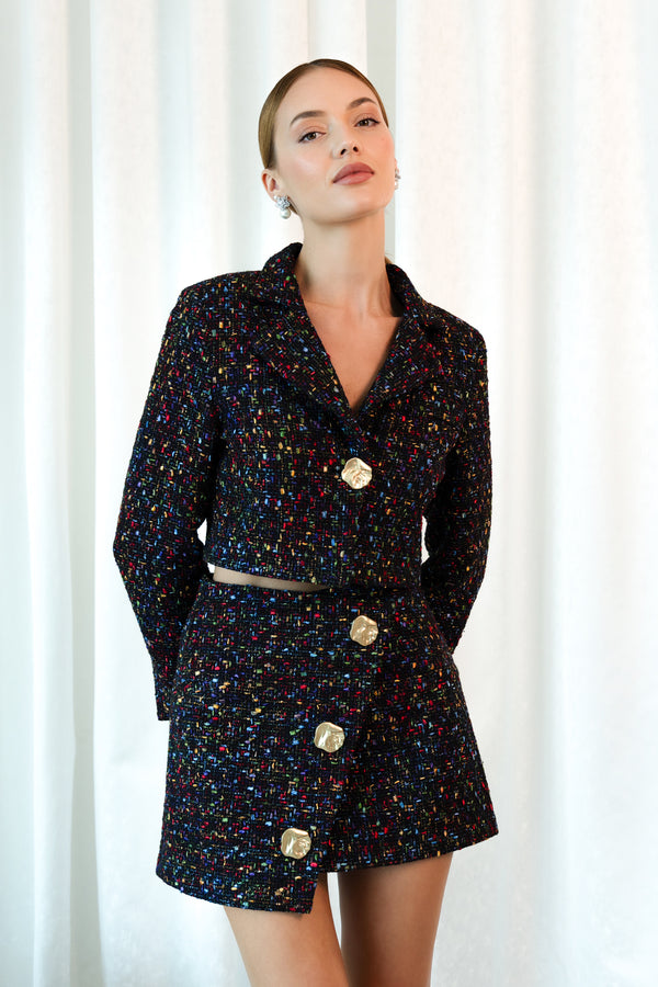 Black Rainbow tweed cropped jacket with golden button detail