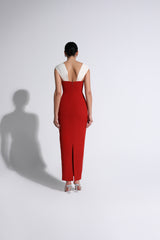 Red & Cream V-Neck Off-The-Shoulder Gown