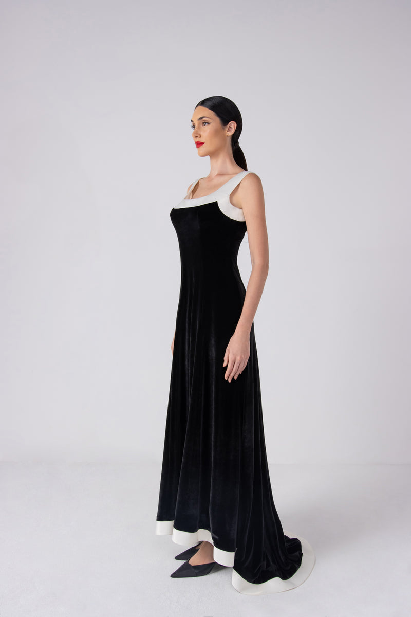Square Neck Black Velvet Gown with White Silk Piping