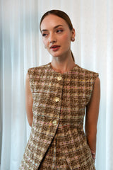 Golden Brown Multi-Colored tweed Vest with Golden Button Detail