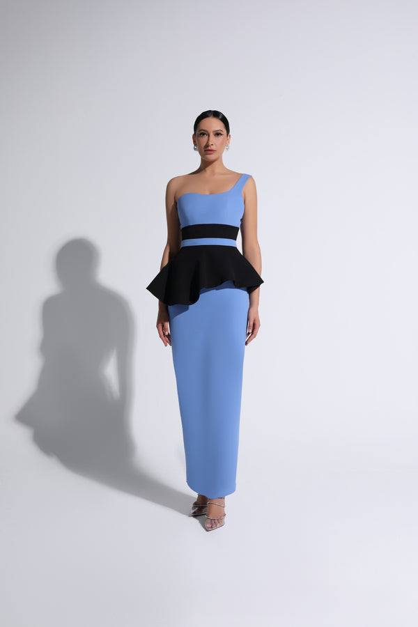 Violet & Black One Shoulder Belted Peplum Gown