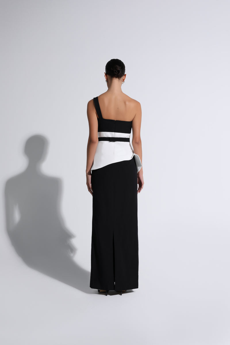 Black & White One Shoulder Belted Peplum Gown