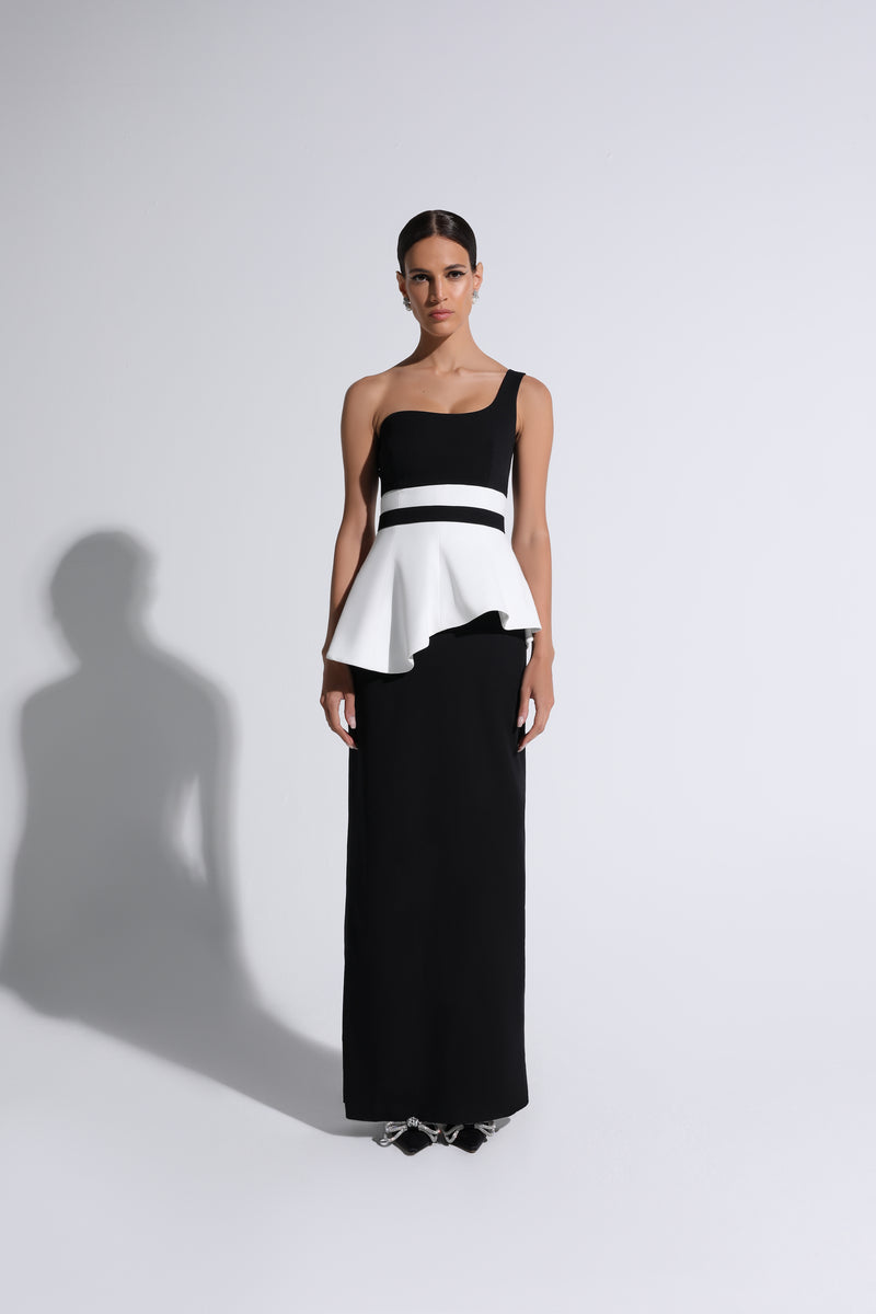 Black & White One Shoulder Belted Peplum Gown