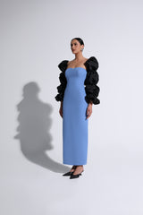 Black & Violet Gathered Puff-Sleeve Gown