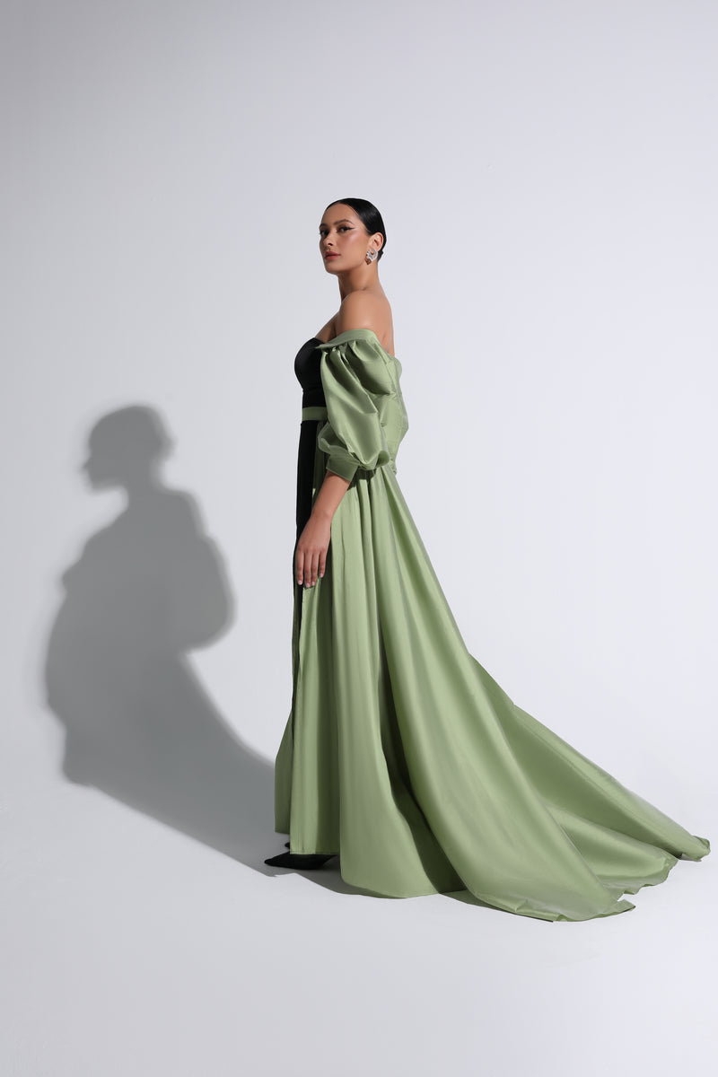 Green & Black Cloqué-Sleeve Off-The-Shoulder Gown
