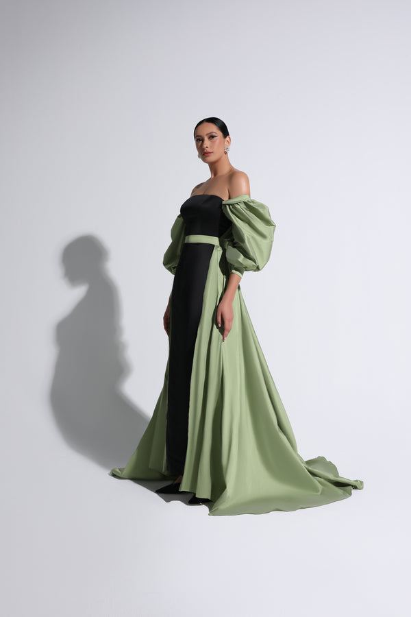 Green & Black Cloqué-Sleeve Off-The-Shoulder Gown