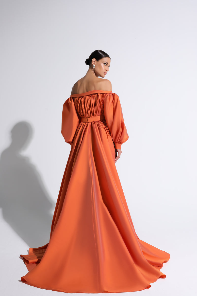 Orange & Black Cloqué-Sleeve Off-The-Shoulder Gown