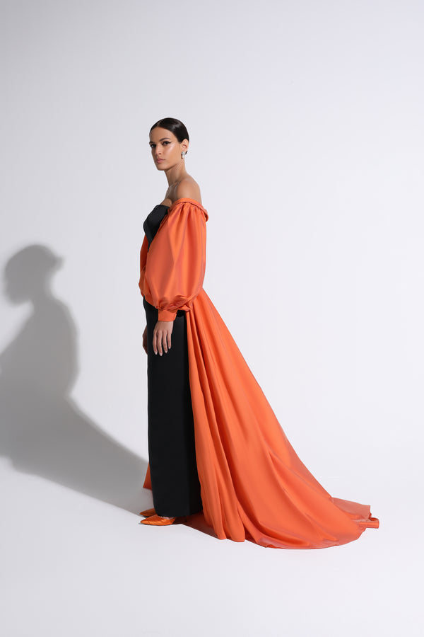 Orange & Black Cloqué-Sleeve Off-The-Shoulder Gown