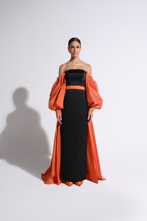 Orange & Black Cloqué-Sleeve Off-The-Shoulder Gown