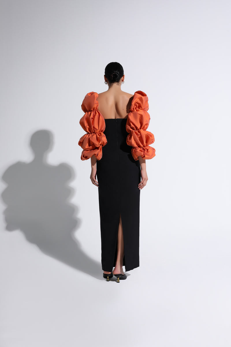Orange & Black  Gathered Puff-Sleeve Gown