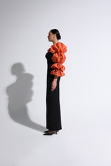 Orange & Black  Gathered Puff-Sleeve Gown