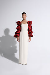 Red & Cream Gathered Puff-Sleeve Gown