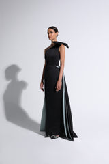 Black & Blue Cape-Effect One-Shoulder Gown