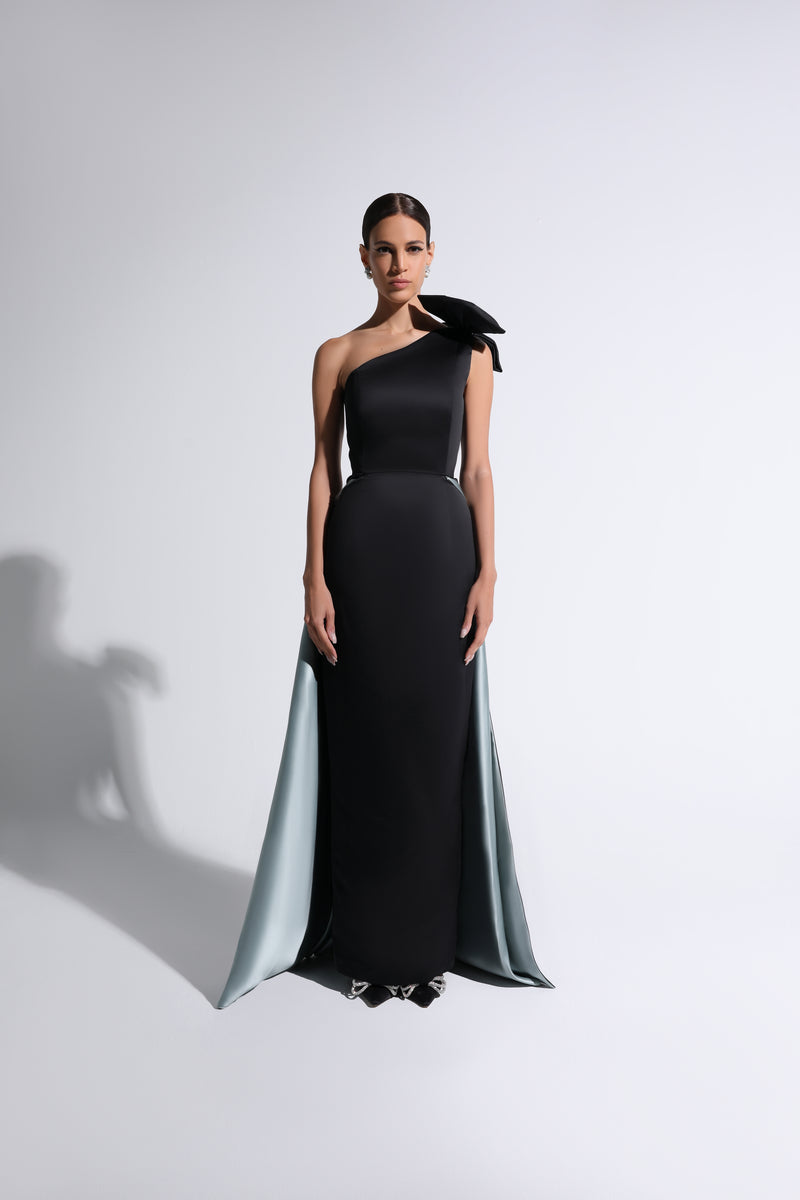 Black & Blue Cape-Effect One-Shoulder Gown