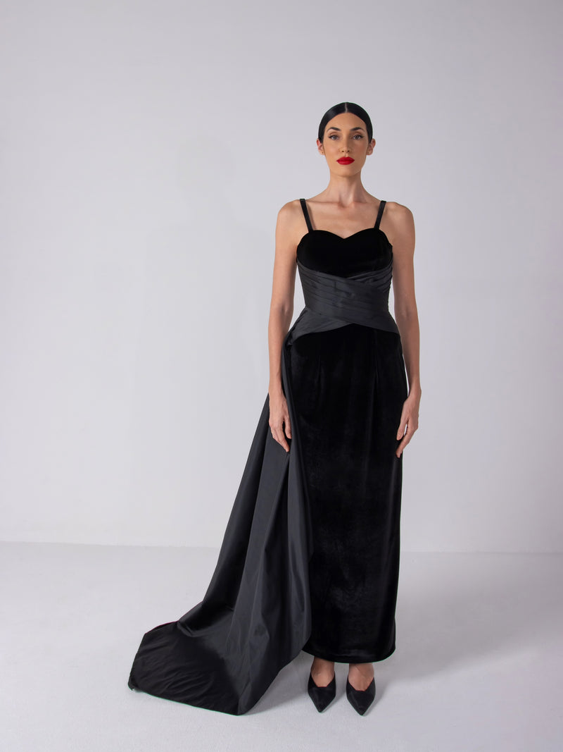 Black Velvet Gown with Tafetta pleated side train.