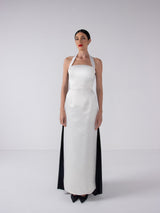 White Halter Strap Gown with Black Velvet Round Train