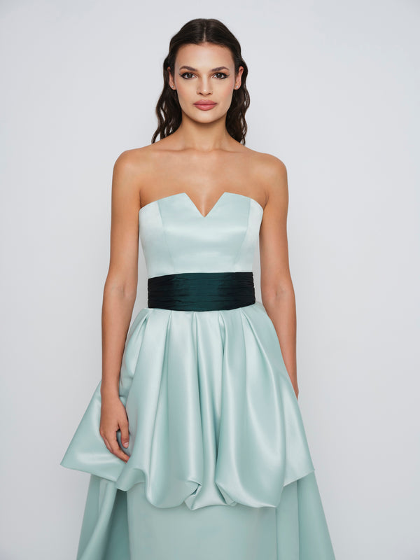 Green Two-Toned Strapless & Belted Peplum Betty Gown