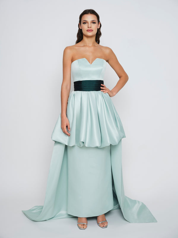 Green Two-Toned Strapless & Belted Peplum Betty Gown
