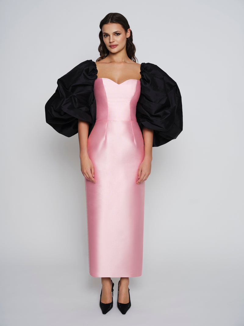 Pink & Black Puff Sleeved Marilyn Gown
