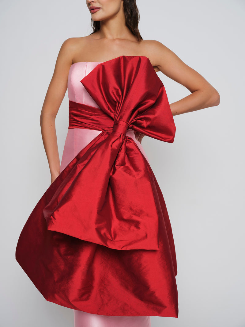 Pink & Red Bow-Embellished Strapless Audrey Gown